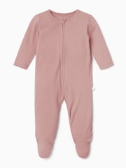 Rosa - MORI Ribbed Stretch Cotton & Bamboo 2 Way Zip Sleepsuit - Imagen 4 de 5
