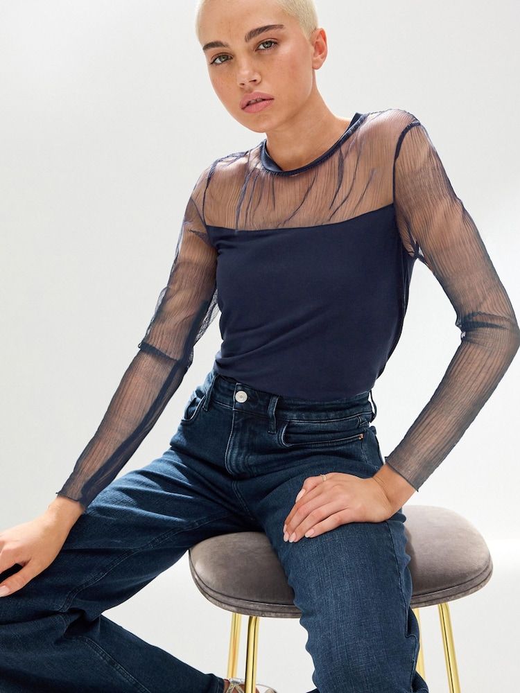 Navy Long Sleeve Mesh Insert Top - Image 1 of 6 Navy Long Sleeve Mesh Insert Top - Image 1 of 6