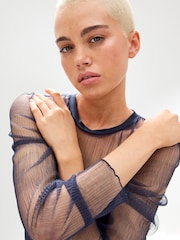 Navy Long Sleeve Mesh Insert Top - Image 4 of 6
