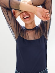 Navy Long Sleeve Mesh Insert Top - Image 5 of 6