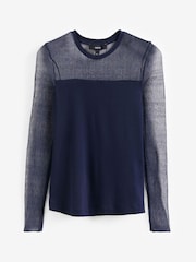 Navy Long Sleeve Mesh Insert Top - Image 6 of 6