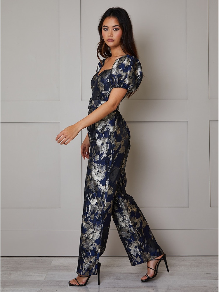 Chi Chi London Blue Puff Sleeve Jacquard Wide Leg Jumpsuit - Image 1 of 3