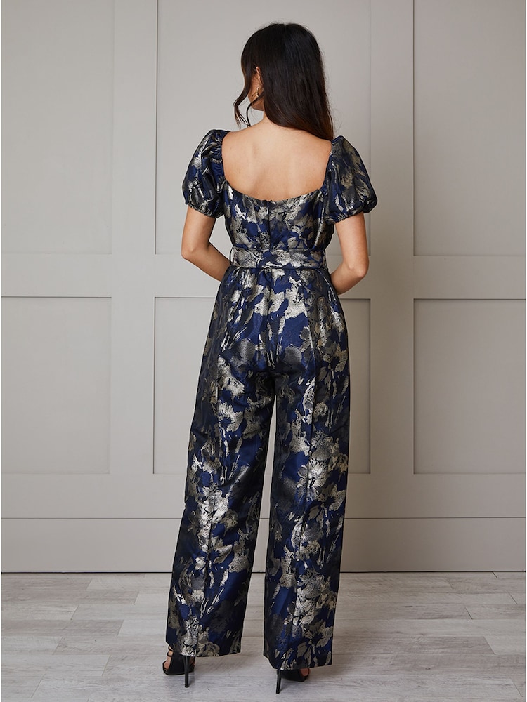 Chi Chi London Blue Puff Sleeve Jacquard Wide Leg Jumpsuit - Image 2 of 3