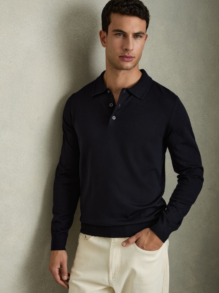 Reiss Navy Trafford Merino Wool Polo Shirt - Image 1 of 8