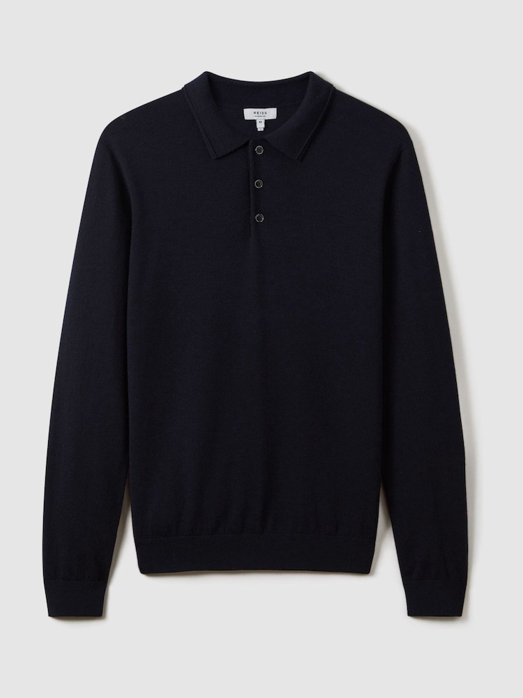 Reiss Navy Trafford Merino Wool Polo Shirt - Image 2 of 8