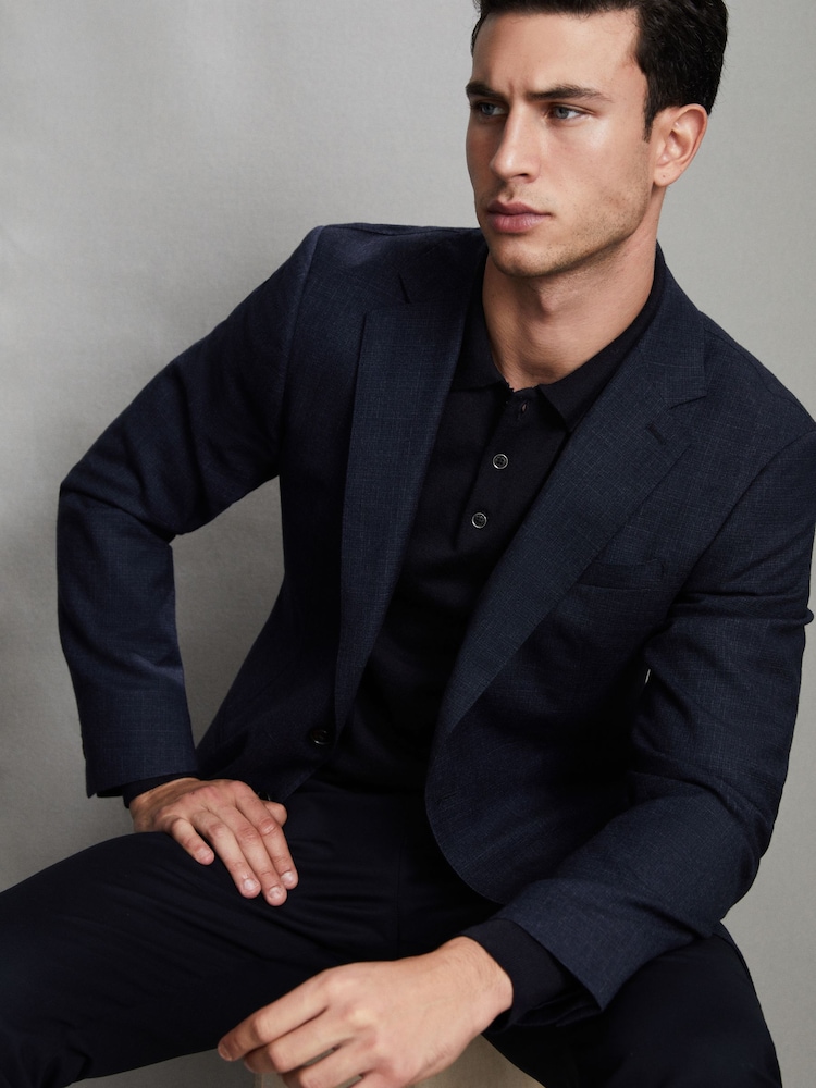 Reiss Navy Trafford Merino Wool Polo Shirt - Image 8 of 8