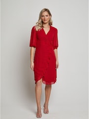 Chi Chi London Red Puff Sleeve Dobby Ruffle Wrap Mini Dress - Image 2 of 4