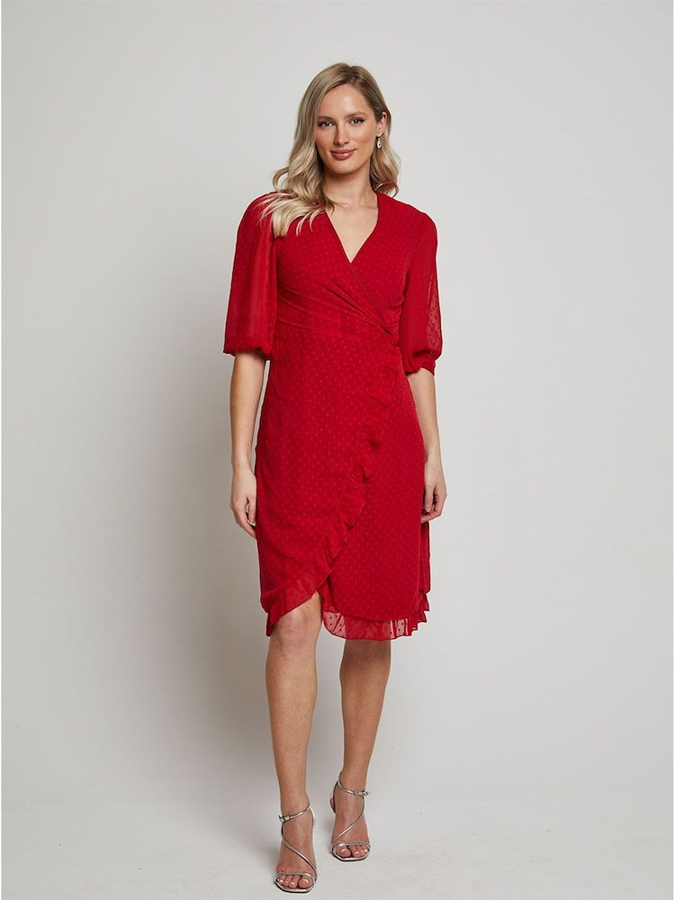Chi Chi London Red Puff Sleeve Dobby Ruffle Wrap Mini Dress - Image 2 of 4