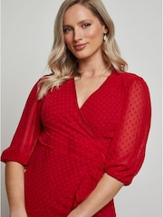 Chi Chi London Red Puff Sleeve Dobby Ruffle Wrap Mini Dress - Image 3 of 4