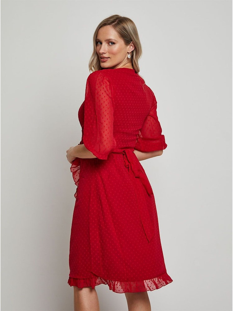 Chi Chi London Red Puff Sleeve Dobby Ruffle Wrap Mini Dress - Image 4 of 4