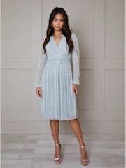 Chi Chi London Blue Long Sleeve Glitter Plisse Wrap Midi Dress - Image 1 of 4