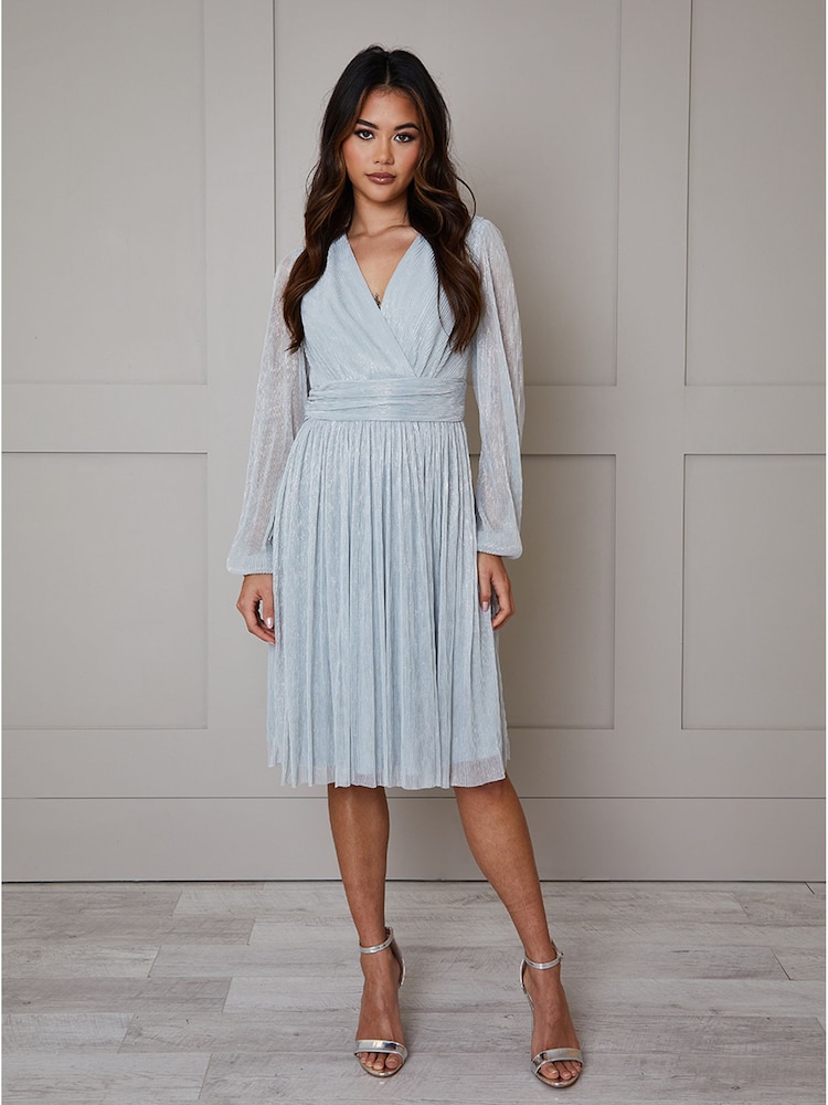 Chi Chi London Blue Long Sleeve Glitter Plisse Wrap Midi Dress - Image 1 of 4