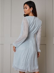 Chi Chi London Blue Long Sleeve Glitter Plisse Wrap Midi Dress - Image 2 of 4