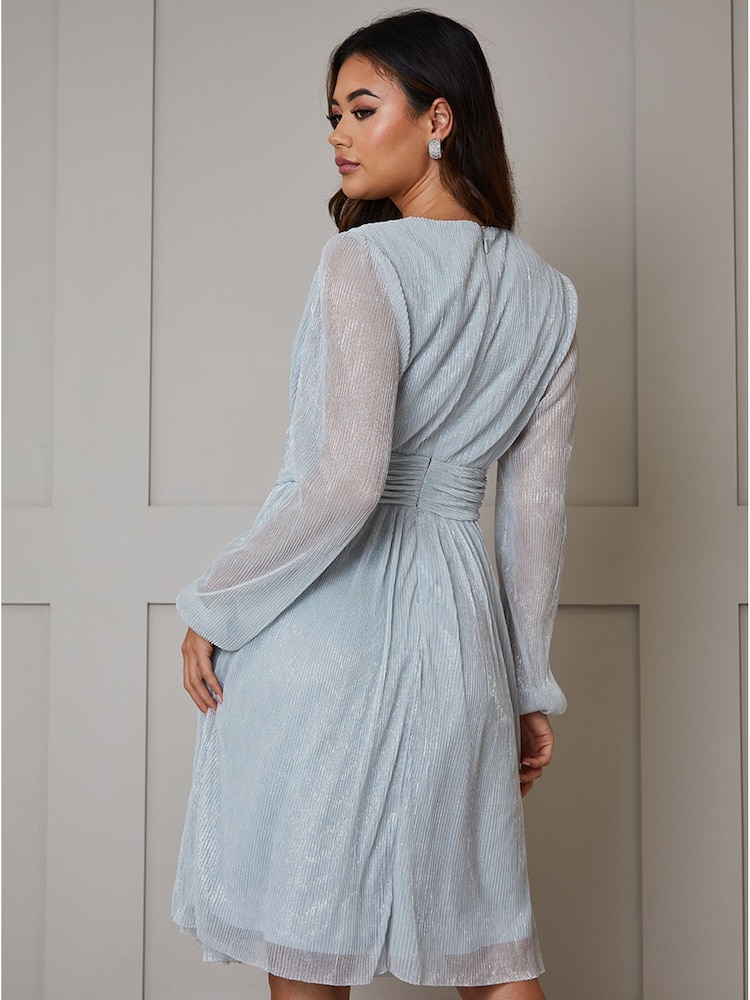 Chi Chi London Blue Long Sleeve Glitter Plisse Wrap Midi Dress - Image 2 of 4