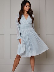 Chi Chi London Blue Long Sleeve Glitter Plisse Wrap Midi Dress - Image 3 of 4