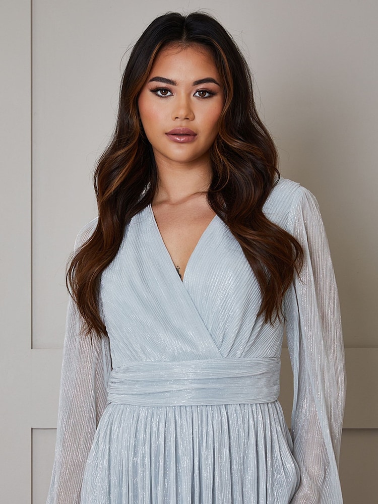 Chi Chi London Blue Long Sleeve Glitter Plisse Wrap Midi Dress - Image 4 of 4