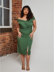 Chi Chi London Green Dark Bardot Ruched Detail Midi Dress - Image 1 of 4