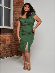 Chi Chi London Green Dark Bardot Ruched Detail Midi Dress - Image 2 of 4
