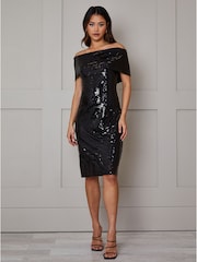 Chi Chi London Black Bardot Sequin Bodycon Midi Dress - Image 1 of 4