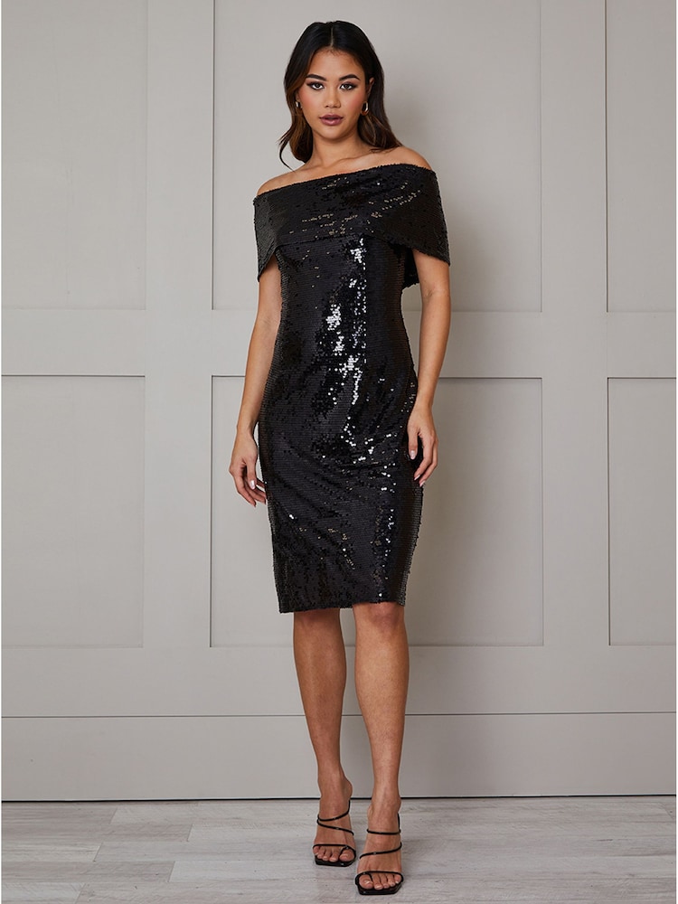 Chi Chi London Black Bardot Sequin Bodycon Midi Dress - Image 1 of 4