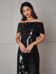 Chi Chi London Black Bardot Sequin Bodycon Midi Dress - Image 2 of 4
