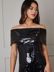 Chi Chi London Black Bardot Sequin Bodycon Midi Dress - Image 3 of 4