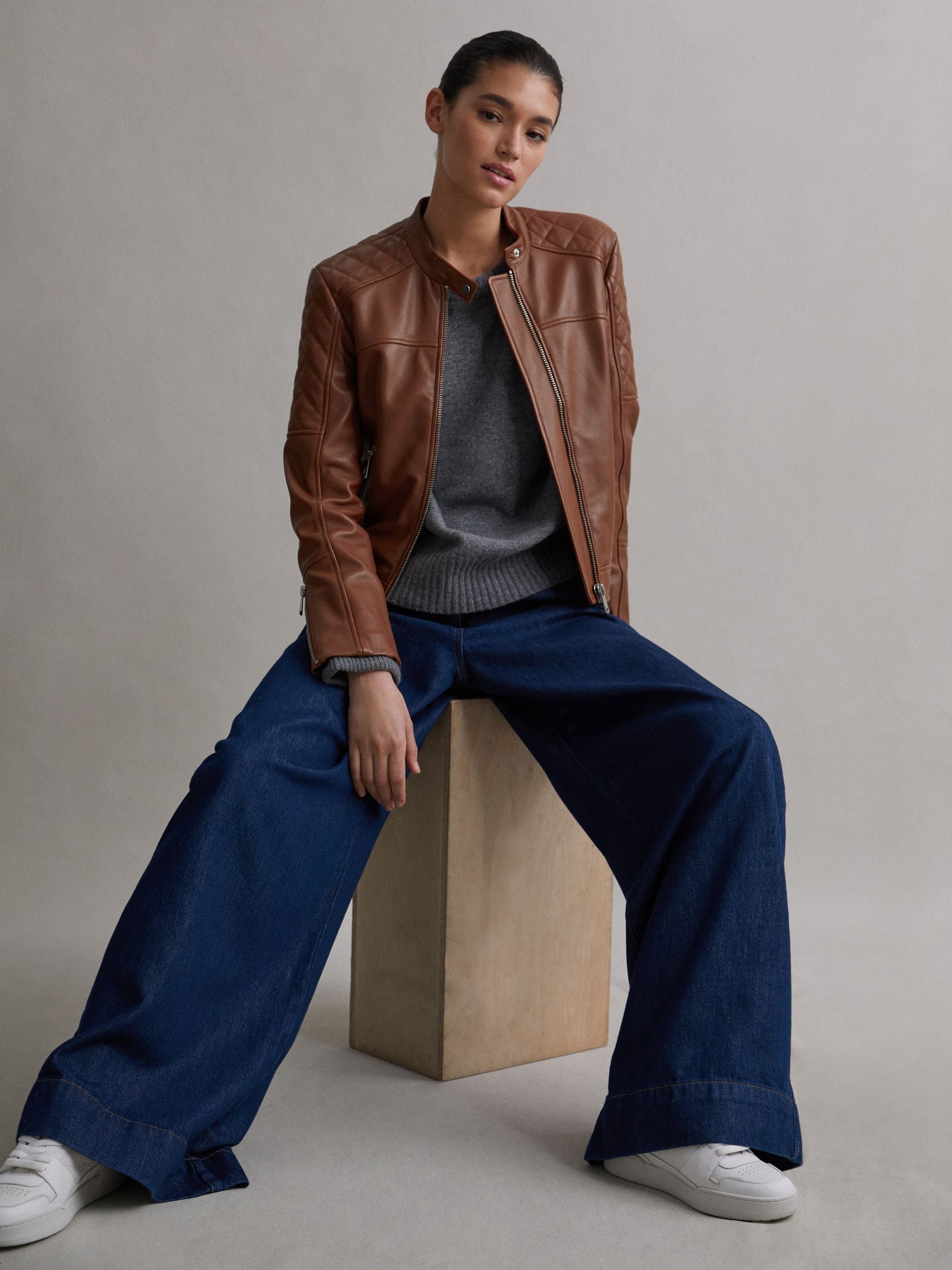 Reiss tan leather jacket top