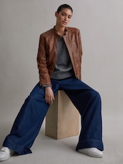 Reiss Tan Adelaide Leather Collarless Quilted Jacket - Image 1 of 5