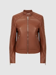 Reiss Tan Adelaide Leather Collarless Quilted Jacket - Image 2 of 5