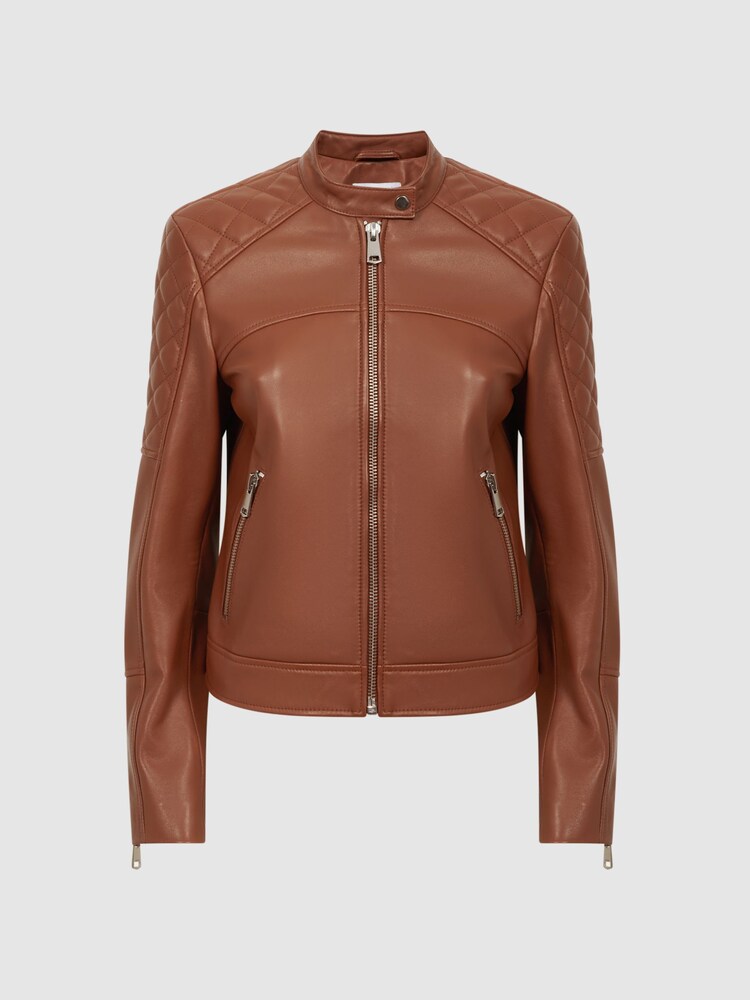 Reiss Tan Adelaide Leather Collarless Quilted Jacket - Image 2 of 5