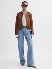Reiss Tan Adelaide Leather Collarless Quilted Jacket - Image 4 of 5