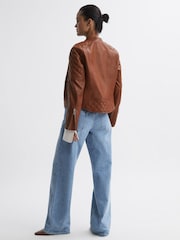 Reiss Tan Adelaide Leather Collarless Quilted Jacket - Image 5 of 5
