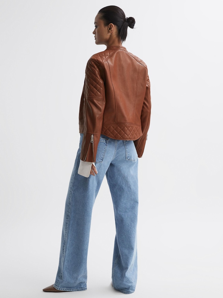 Reiss Tan Adelaide Leather Collarless Quilted Jacket - Image 5 of 5