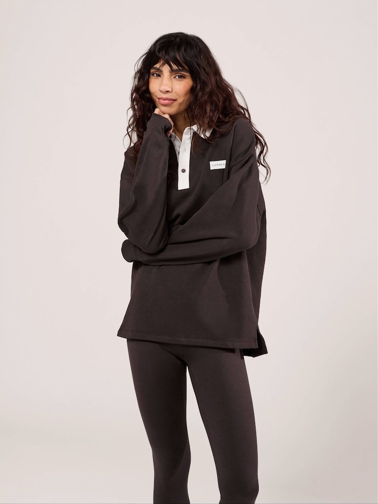 LOVALL Brown Oversized Draped Polo Top - Image 1 of 4 LOVALL Brown Oversized Draped Polo Top - Image 1 of 4