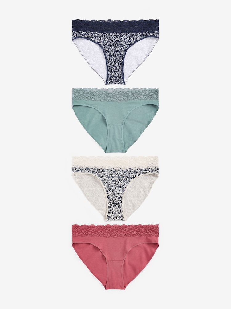 Navy/Cream Floral Print High Leg Cotton and Lace Knickers 4 Pack - Image 4 of 4