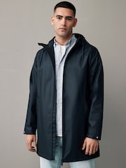 Navy Blue Long Length Rubberised Waterproof Hooded Jacket - Image 1 of 15