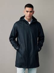 Navy Blue Long Length Rubberised Waterproof Hooded Jacket - Image 2 of 15