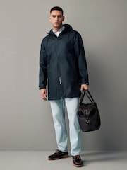Navy Blue Long Length Rubberised Waterproof Hooded Jacket - Image 7 of 15