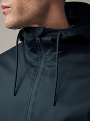 Navy Blue Long Length Rubberised Waterproof Hooded Jacket - Image 8 of 15