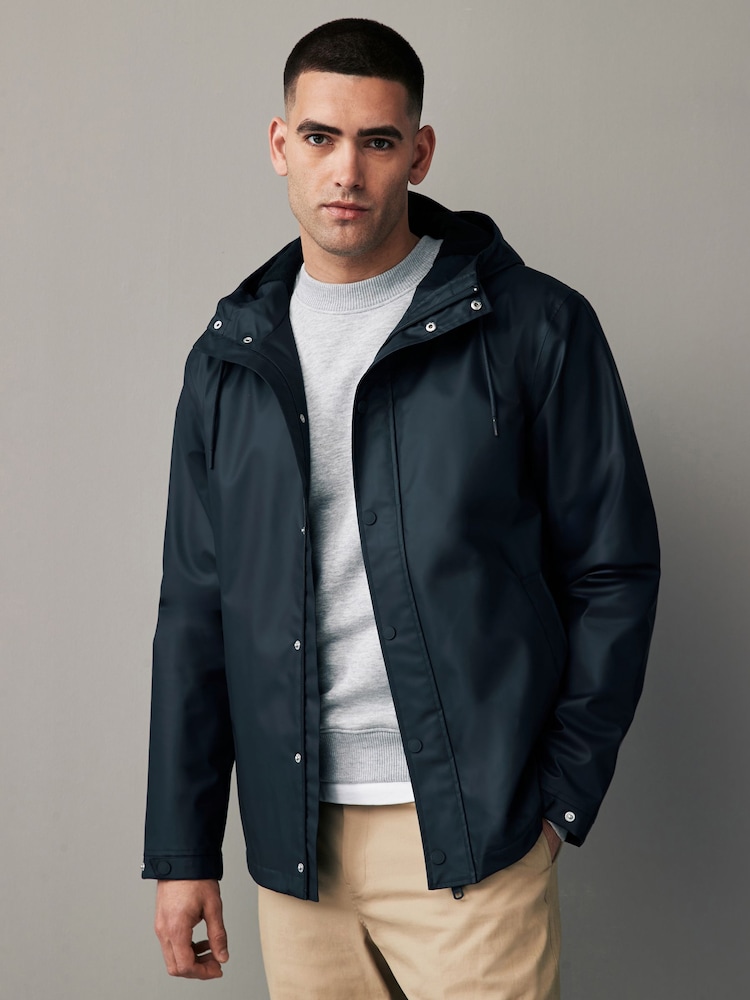 Navy Blue Regular Length Rubberised Waterproof Hooded Jacket - Image 1 of 17