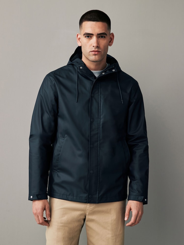 Navy Blue Regular Length Rubberised Waterproof Hooded Jacket - Image 2 of 17