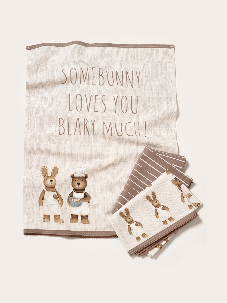 Set of 3 Natural Bertie Bear and Rosie Bunny 100% Cotton Tea Towels - Image 3 of 4