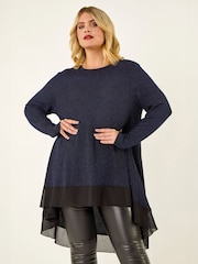 Azul - Blusa tipo túnica con dobladillo de gasa brillante y curva Roman - Imagen 1 de 4