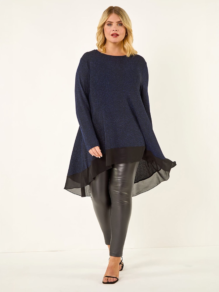 Azul - Blusa tipo túnica con dobladillo de gasa brillante y curva Roman - Imagen 2 de 4 Azul - Blusa tipo túnica con dobladillo de gasa brillante y curva Roman - Imagen 2 de 4