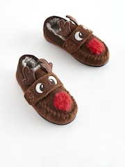 Brown Recycled Faux Fur Lined Moccasin Slippers - Image 1 of 5