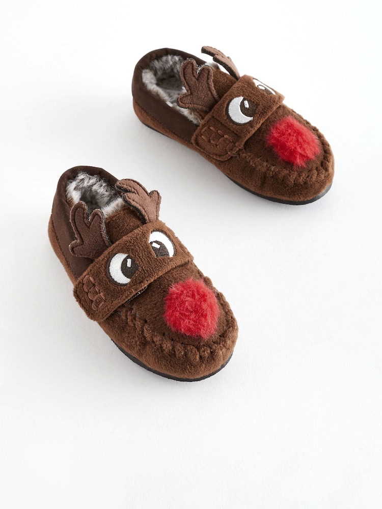 Brown Recycled Faux Fur Lined Moccasin Slippers - Image 1 of 5