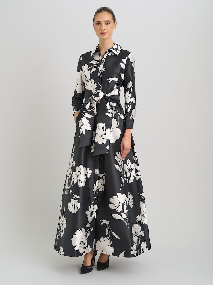 Gina Bacconi Black Steph Floral Belt Tie Maxi Dress - Image 1 of 6