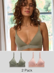 Light Pink/Khaki Green Cotton Logo Triangle Ultimate Comfort Bralets 2 Pack - Image 1 of 11