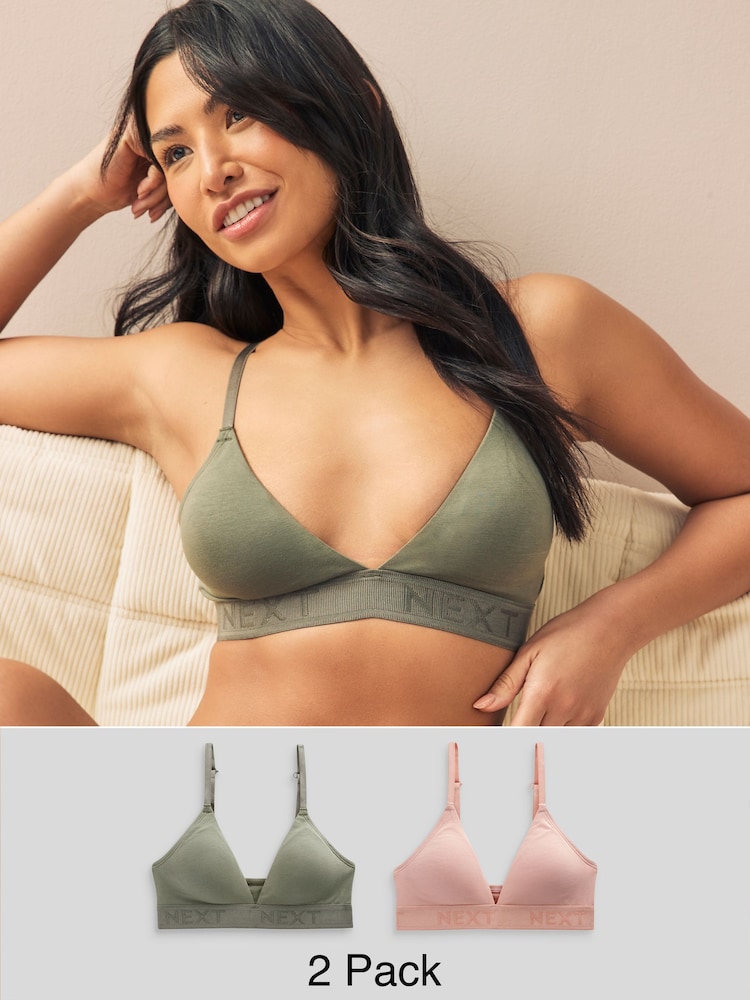 Light Pink/Khaki Green Cotton Logo Triangle Ultimate Comfort Bralets 2 Pack - Image 1 of 11 Light Pink/Khaki Green Cotton Logo Triangle Ultimate Comfort Bralets 2 Pack - Image 1 of 11