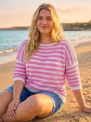 Roman Pink Curve Crochet Stripe Knit Jumper - Image 1 of 4